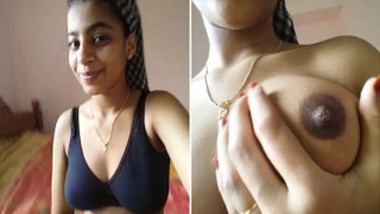 Desi man coaxes GF to film video in which she play with own XXX tits