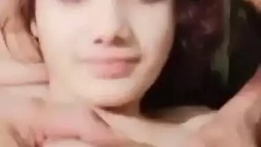 Girlfriend white boobs massaged by boyfriend