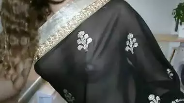 Sexy Bhabhi in See through Black Saree without blouse Exposing Boobs
