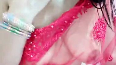 Sexy Bhabhi in See through Red Saree without blouse Exposing Boobs