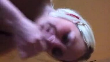 white whore licking brown cock blowjob blonde