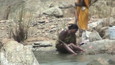 Lady open air bathing in River by Hidden Cam