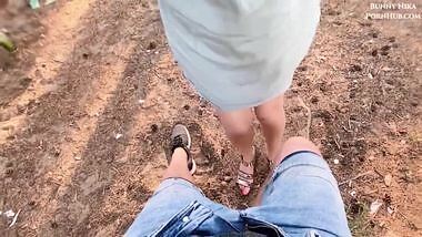 POV Amateur brunette gives sensual blowjob in the forest & cum in her throat