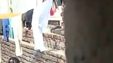 Aunty Bathing Topless in Terrace..