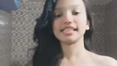 Cute girl boob press in topless in bathroom