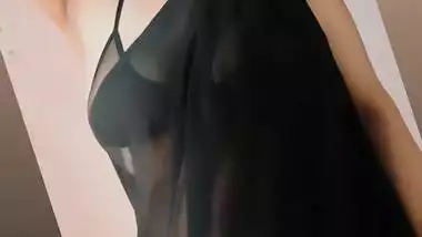 Hot chubby nri aunty in black net saree and net bra