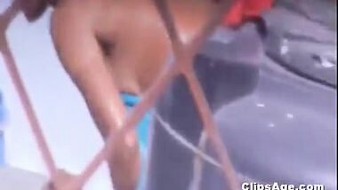 Indian desi Tamil maid taking bath outdoor video captured by neighbor guy