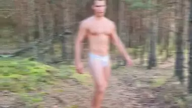 Hot Blonde guy modeling Calvin Klein underwear in forest!