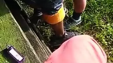 blowjob on public park trail - monster black cock sucked by tiny indian