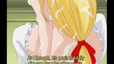 Anime blonde with stockings licking a cock