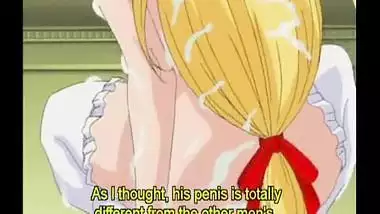 Anime blonde with stockings licking a cock
