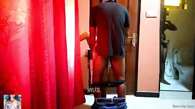 Cuckold hubby jerking by watching his wife sucking cock of hotel cleaner