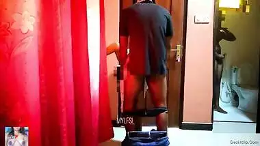 Cuckold hubby jerking by watching his wife sucking cock of hotel cleaner