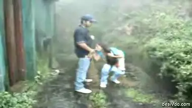 Mangalore horny couple stand fuck doggy and cum in Windy rainy forest