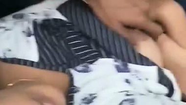 GF boob press and nipple roll in car by boyfriend