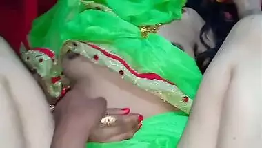 Desi in green dress gives XXX partner a handjob before pussyfuck