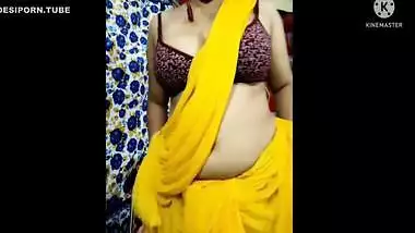 Yellow Colour Saree Indian Sexy Housewife