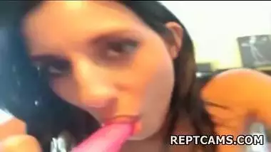Cam Girl Stuffing Her Pink Dildo Up Her Twat