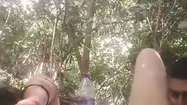 Mistress lets her servant lick her pussy during outdoor sex